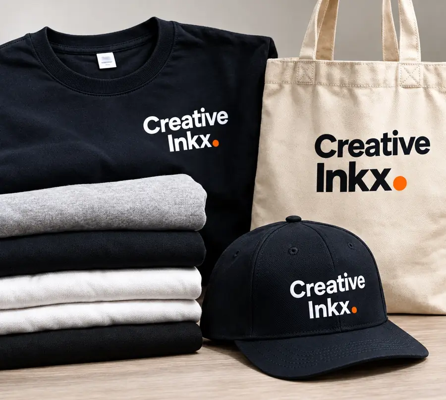 Printed apparel, embroidered navy hat and canvas tote