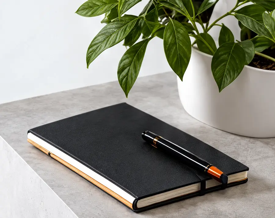Notebook, pen and plant on a designer’s desk