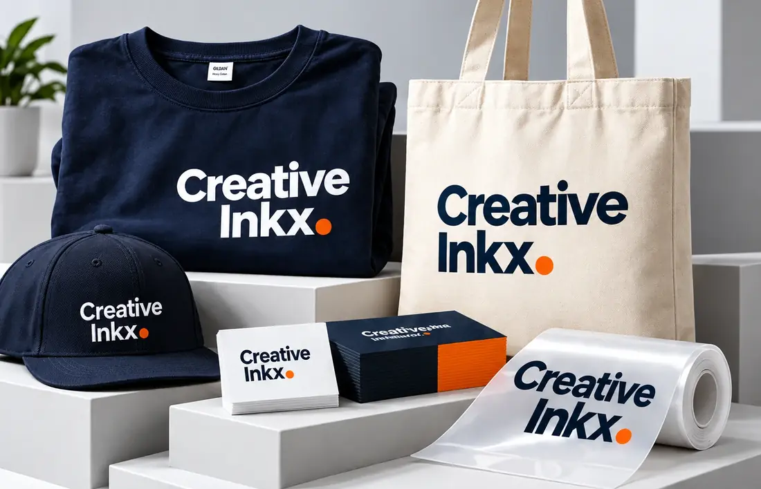 Creative Inkx navy shirt and hat, canvas tote, business cards and DTF transfers on studio platforms