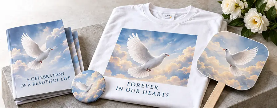 Coordinated dove-themed memorial booklet, shirt, button and fan